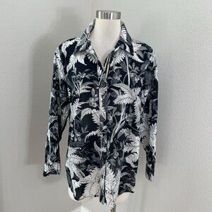 Talbots Womens Plus 1X Black White Floral Button Up Shirt Long Sleeve Blouse